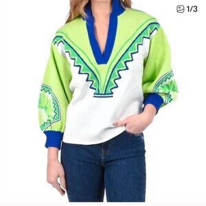 Vibrant Green and Blue V-Neck Sweater